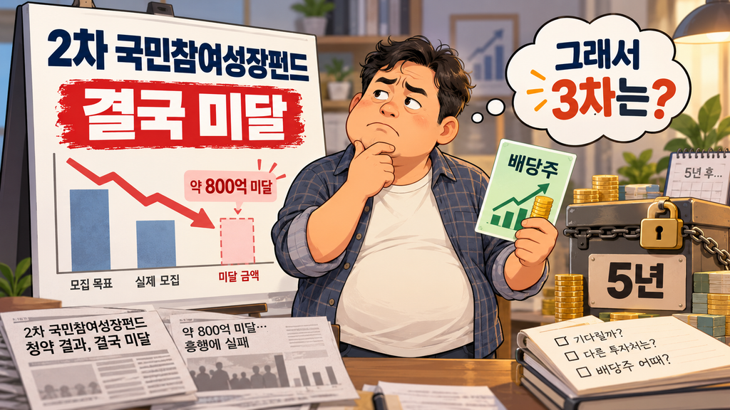 2차 국민참여성장펀드 목표액 미달 결과를 보며 3차 가입과 배당주 투자를 고민하는 모습